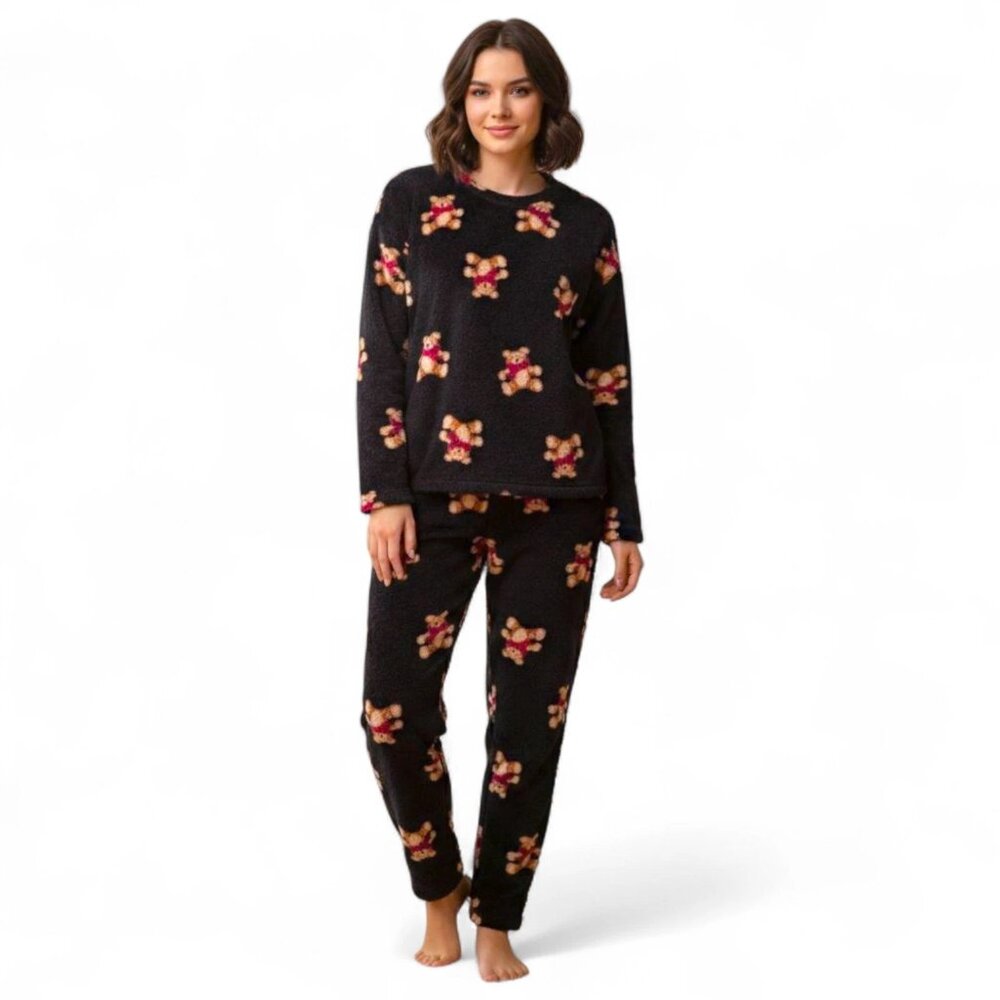 Joyspun Women's XL Black Teddy Bear Plush Pajama Set Long Sleeve 2-Piece PJ